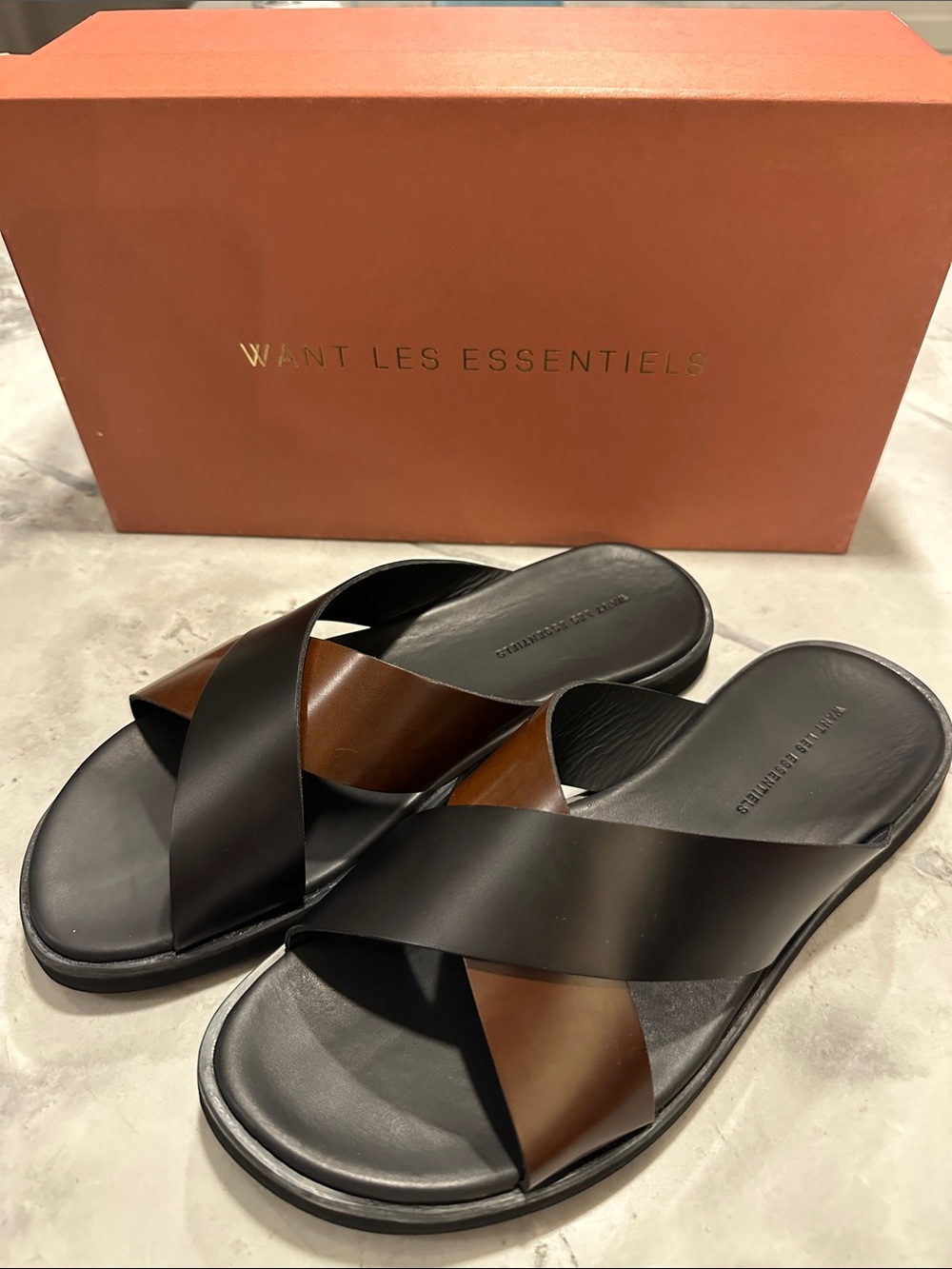 WANT Les Essentiels Black and Brown Crossover Leather Slides
